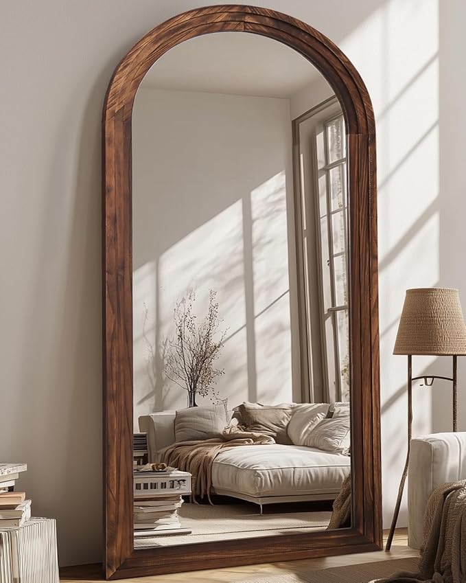 Full Length Mirror, 76"x34" Wooden Mirror Full Length with Stand Wood Floor Mirror, Oversized Stand Up Mirrors Large Wall Mirrors, Wall Mounted Mirrors, Arched Wood Style, Walnut