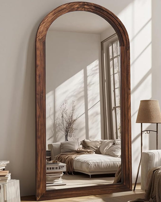 Full Length Mirror, 76"x34" Wooden Mirror Full Length with Stand Wood Floor Mirror, Oversized Stand Up Mirrors Large Wall Mirrors, Wall Mounted Mirrors, Arched Wood Style, Walnut