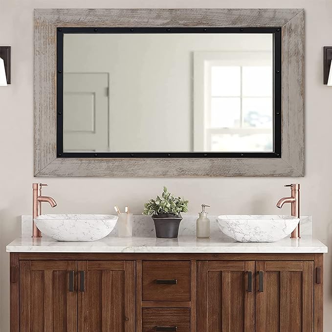 YOSHOOT Rustic Wooden Framed Wall Mirror, 48"x30", Natural Wood and Iron Bathroom Vanity Mirror for Farmhouse Decor, Vertical or Horizontal Hanging