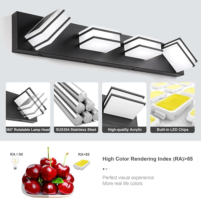 GOODATE 3 Color Temperature Dimmable Bathroom Light Fixtures Over Mirror, LED Black 4 Light Vanity Lighting Fixtures, Acrylic Stainless Steel Square Shade Vanity Lights for Bathroom, ETL Certificated