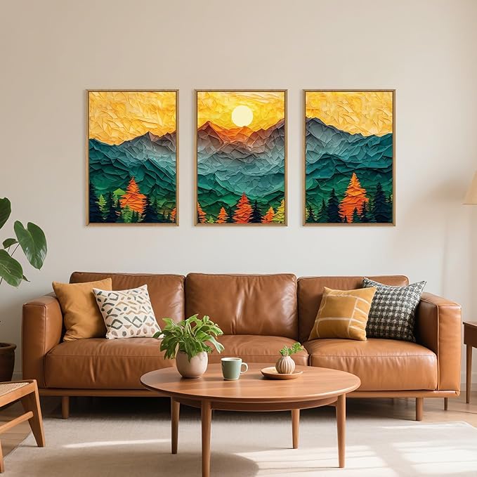 Abstract Mountain Framed Canvas Wall Art Set, Forest Pine Tree Golden Sunset Wall Decor, Mixed Patchwork Landscape Art Print for Living Room, Bedroom, Dining Room, Office-16 x24 x3