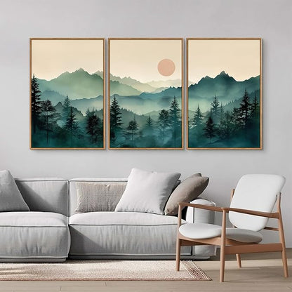 SIGNINART Large Boho Mountain Framed Canvas Wall Art Set, Nature Pine Tree Wall Painting, Abstract Foggy Forest Wall Decor, Modern Sunrise Art Prints for Bedroom Living Room and Office - 24"x36"x3