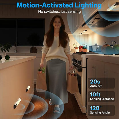 Under Cabinet Lighting,LED Closet Lights,Rechargeable Motion Sensor Light Indoor,3 Colors Dimmable,Magnetic Installation for Kitchen,Wardrobe,Bedroom,Drawer 6Pack