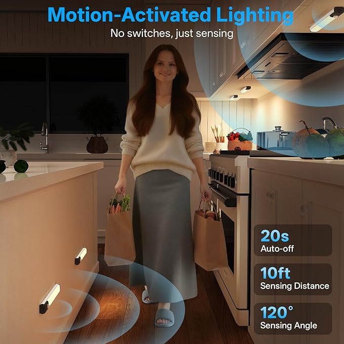 Under Cabinet Lighting,LED Closet Lights,Rechargeable Motion Sensor Light Indoor,3 Colors Dimmable,Magnetic Installation for Kitchen,Wardrobe,Bedroom,Drawer 3Pack