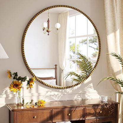 24 Inch Round Bathroom Mirror - Luxurious Retro Beaded Circle Decorative Wall Mirror with PU Frame Hanging Leaning as Art Decor for Entryway, Bedroom, Living Room, Hallway, Gold