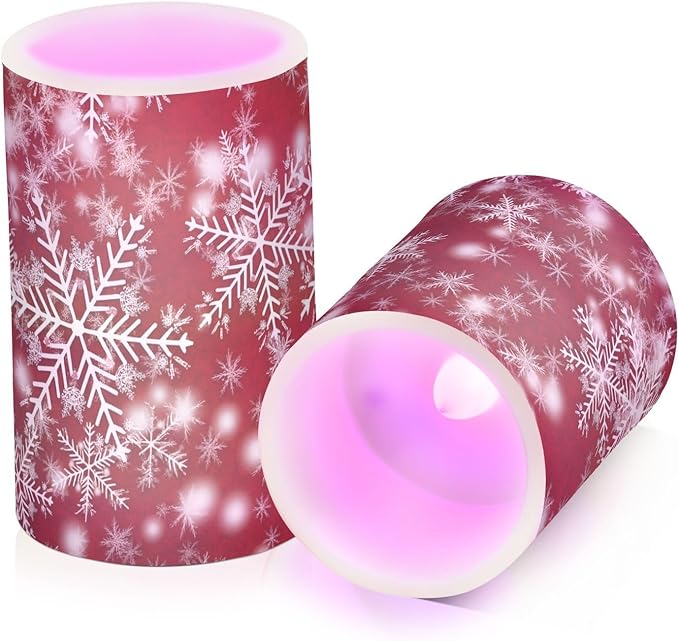 Christmas Lights Decorations Flameless Candles Christmas Background with Snowflakes Red Pillar Candles Set of 2 Battery Operated Remote Control Warm Lights