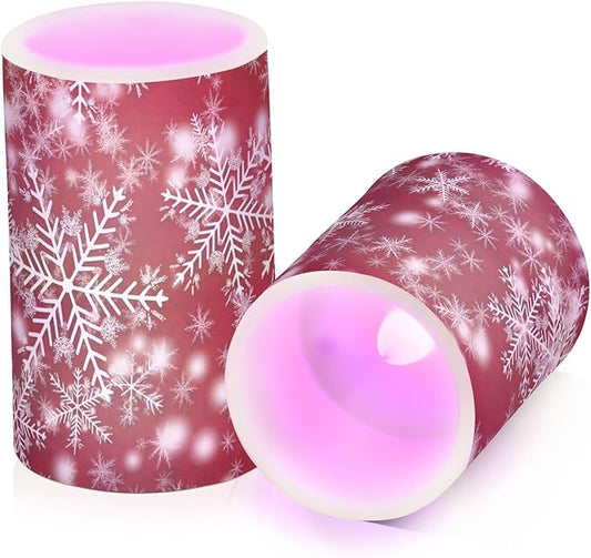 Christmas Lights Decorations Flameless Candles Christmas Background with Snowflakes Red Pillar Candles Set of 2 Battery Operated Remote Control Warm Lights
