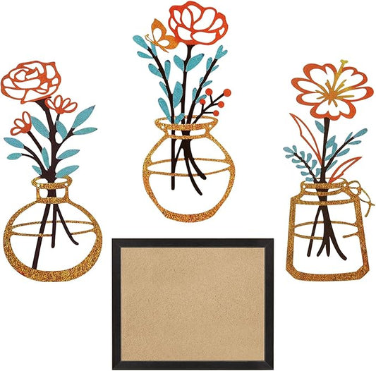 Metal-Wall-Decor Living Room - 3 Pcs Metal Bathroom Wall Art Floral Vase and Picture Frame for Decoration- Hanging Display Wall Decor Art for Home Dining Room Bedroom Kitchen Farmhouse,Orange