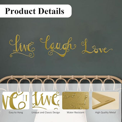 ESTART 3 Pieces Gold Metal Letter Sign Decor 'Live Laugh Love' WordArt Wall Art Decor for Home Indoor Outdoor Bedroom Living room Bathroom and Office (Gold)
