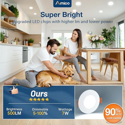 Amico 12 Pack 3 Inch 5CCT Ultra-Thin LED Recessed Ceiling Light with Junction Box, 2700K/3000K/3500K/4000K/5000K Selectable, 7W Eqv 60W, Dimmable Canless Wafer Downlight, 500LM High Brightness -ETL