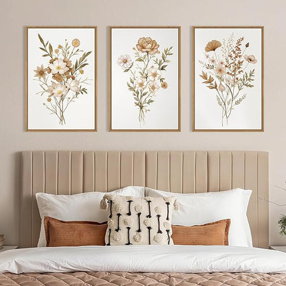 KAIRNE Neutral Boho Floral Framed Canvas Wall Art Set, Vintage Botanical FlowerWall Decor, Minimalist Wildflower Art Prints, Modern Beige Artwork for Living Room, Bedroom, Farmhouse, Office-24 x36 x3
