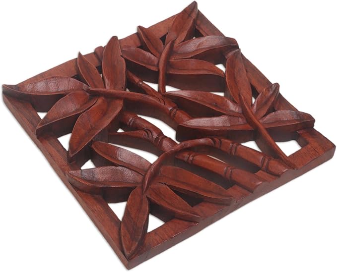 NOVICA Leaf and Tree Wood Relief Panel Wall Sculpture, Brown, Bamboo Copse'