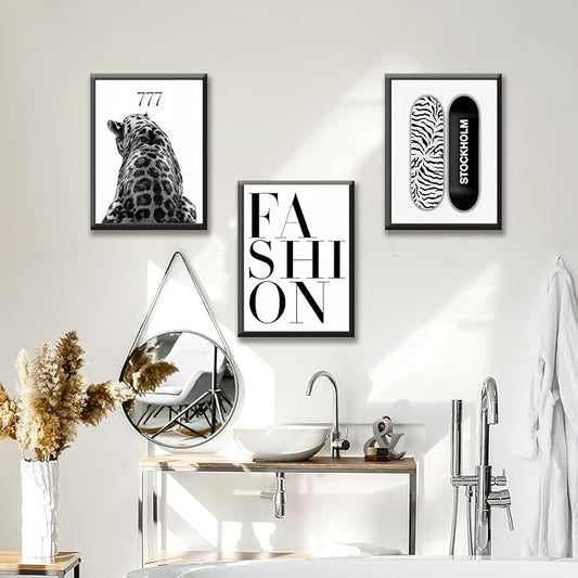 SUOLIUKJYS 3Pcs Trendy Leopard Wall Art Black White Cheetah Wall Decor Fashion Aesthetic Canvas Posters Preppy Stockholm Prints Stylish Cheetah Pictures Y2k Painting for Bedroom Unframed 12x16 Inch