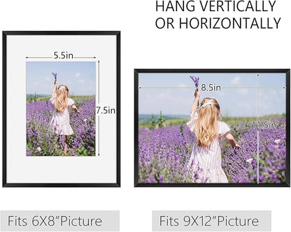 Golden State Art, Gallery Wall Frame Set of 6 - Black 9x12 Aluminum Photo Frames with Mat for 6x8 Pictures - 9 x 12 inch Metal Frame with Real Glass Cover - Elegant Home or Office Decor
