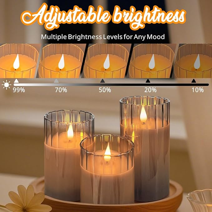 LEDHOLYT Rechargeable Flameless Candle, Flashing LED Pillar Real Wax Candle with Remote Control and Timer, Grey Stripes Glass Electronic Candles for Room Decoration, 1 Set of 3