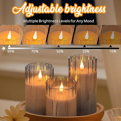 LEDHOLYT Rechargeable Flameless Candle, Flashing LED Pillar Real Wax Candle with Remote Control and Timer, Grey Stripes Glass Electronic Candles for Room Decoration, 1 Set of 3