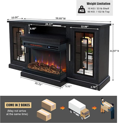 59 Inch LED TV Stand with 3-Side Glass Fireplace, Modern Media Entertainment Center Console Table for TVs up to 65 Inch with Adjustable Flame & LED Color, 24’’ Fireplace, Highboy, Black