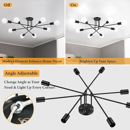 Modern Sputnik Chandelier 8-Light Industrial Ceiling Lights Fixture 32" Black Semi Flush Mount Ceiling Light with E26 Base Sputnik Lights Fixture for Dining Room Bedroom Foyer Hallway Living Room