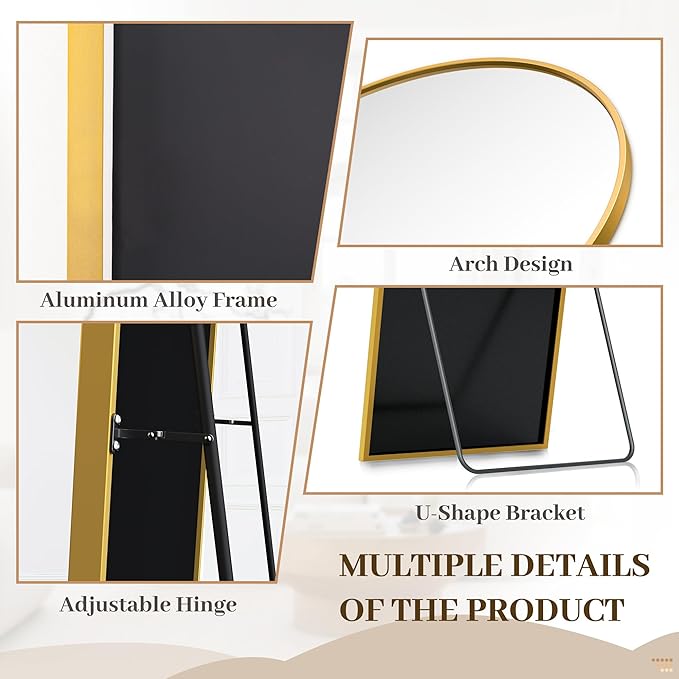 Suidia 58"x21" Arched Full Length Mirror with Stand, Full Body Mirror with Aluminum Frame, Freestanding/Leaning/Wall-Mounted, Floor Mirrors for Bedroom, Living Room, Entryway, Dressing Room, Gold