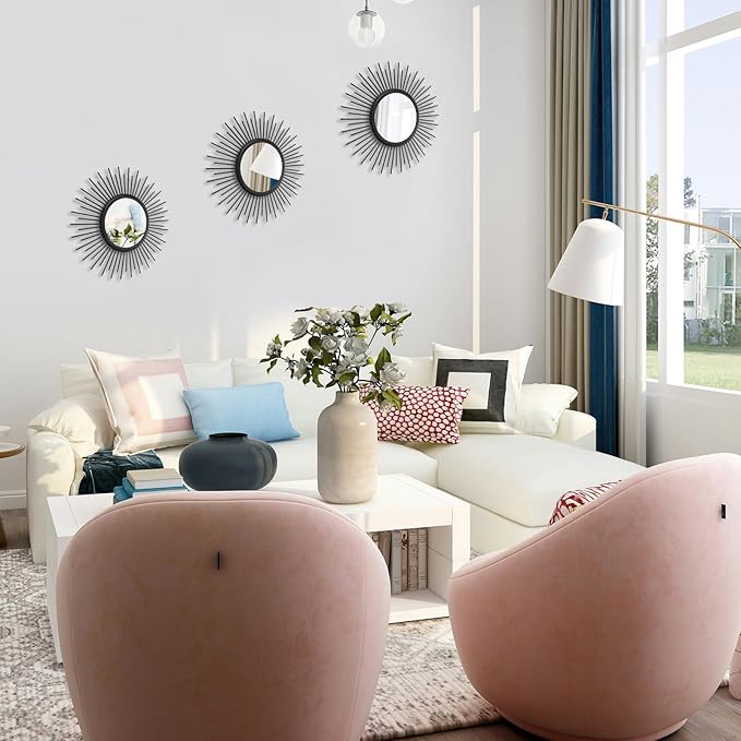 3 Set Sunburst Mirrors for Wall Decor Living Room Bedroom Bathroom Dining Room Metal Boho Sunburst Wall Mirror Set Gold Metal Vintage Circle Art Pack - Black 11.8 in