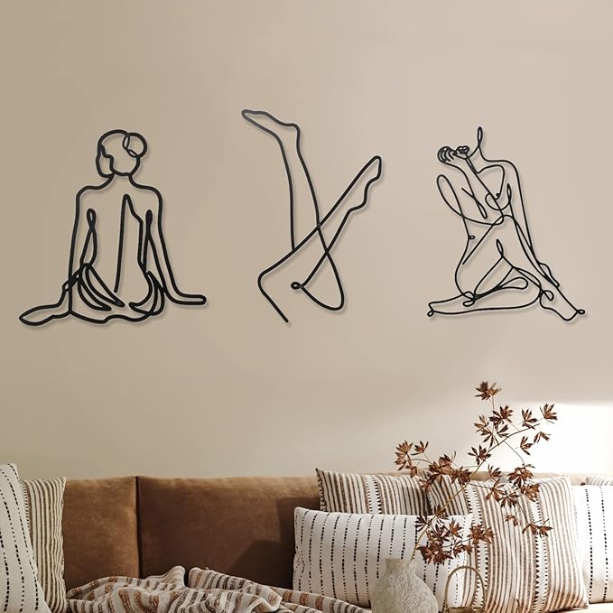 Photect 3 Pcs Metal Wall Art Decor Minimalist Abstract Woman Wall Art Metal Modern Line Drawing Decor Female Single Line Home Hanging for Bedroom Bathroom Living Room Housewarming(Fresh,Black)