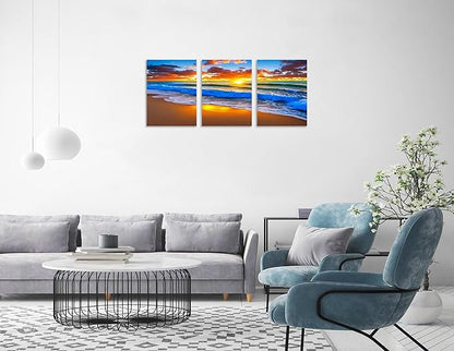 TutuBeer 3 Panels Beach Pictures Blue Sea White Beach at Sunrise Picture Print on Canvas Ocean Pictures Wall Decor Ocean Canvas Art Seascape Wall Art Stretched and Framed 12" x24" x 3