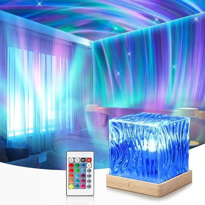 Northern Lights Projector, 16-Color LED Cube Lamp with Remote Control, Dynamic Water Ripple Ceiling Projection, Dimmable Ambient Night Light, Romantic Bedroom Decor Gift for Teens