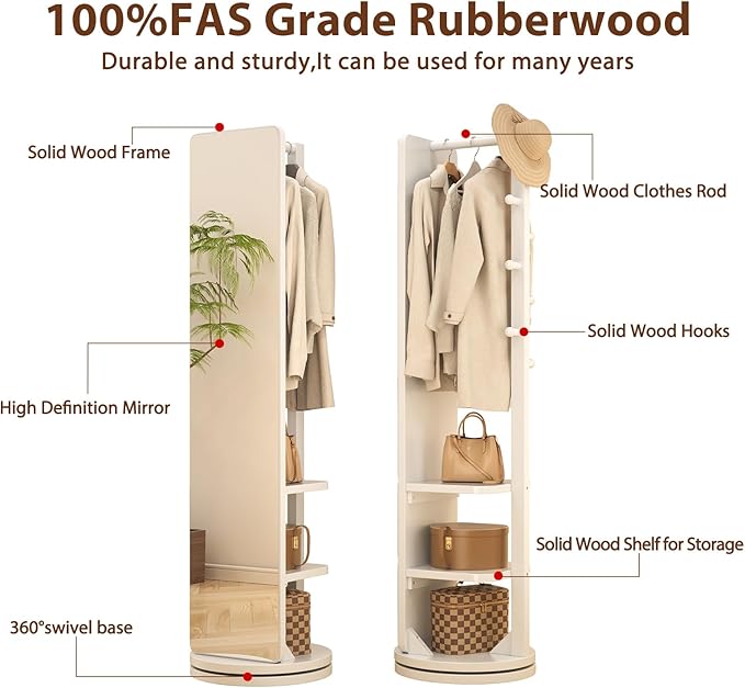 WoodsWhisper Full Length Mirror Coat Rack Solid Wood Floor Mirror 66"x12" Full Length Mirror with Stand Long Mirrors for Bedroom,Living Room (White, 70" L x 16" W)