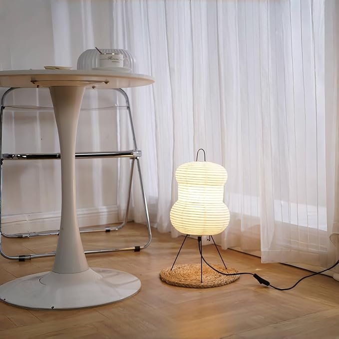 Japanese Noguchi-Inspired Table Lamp – Zen Rice Paper Lantern, Warm Light for Bedroom, Living Room, or Office, Modern Japandi Decor (Hourglass)