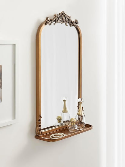 Kate and Laurel Arendahl Traditional Vintage Arch Mirror with Shelf, 16 x 25, Gold, Baroque Antique Arched Wall Mirror with Functional Shelf and Ornate Frame