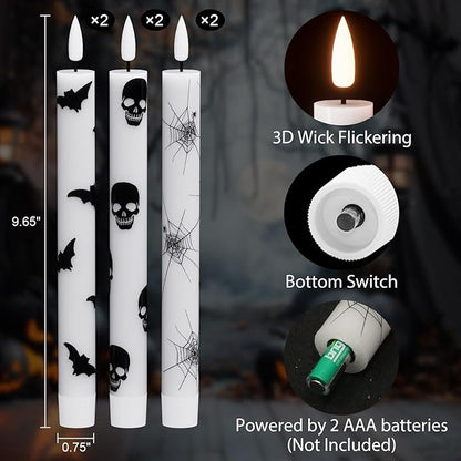 Halloween Flameless Taper Candles Battery Operated with Remote and Timer, 3D Wick Flickering LED Taper Candles Skull Bats Spider Decals Dinner Table Halloween Lights(6 Pack, 0.78 x 9.64”)