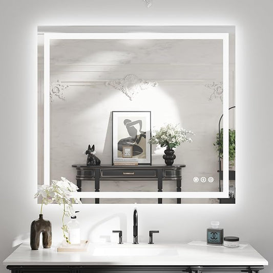 WTTY LED Bathroom Mirror 40"x36" with Back and Front Light,Modern LED Mirror for Bathroom,Stepless Dimmable Lighted Bathroom Vanity Mirror with Anti-Fog,Memory Function,Shatter-Proof