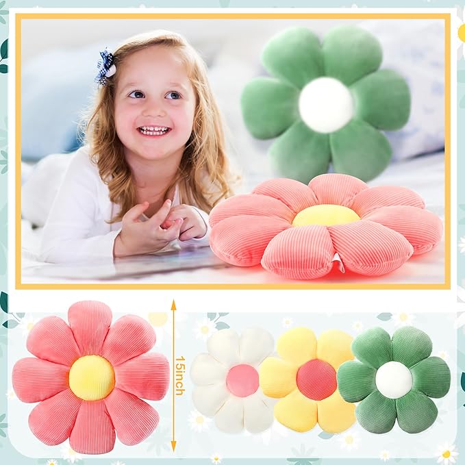 Coume 4 Pcs Flower Pillows 15" Plush Flower Shaped Pillows Daisy Floor Throw Cute Seat Cushion for First Day of School Bed Sofa Couch Chair Office Room Back to School Classroom Decor(Bright Colors)