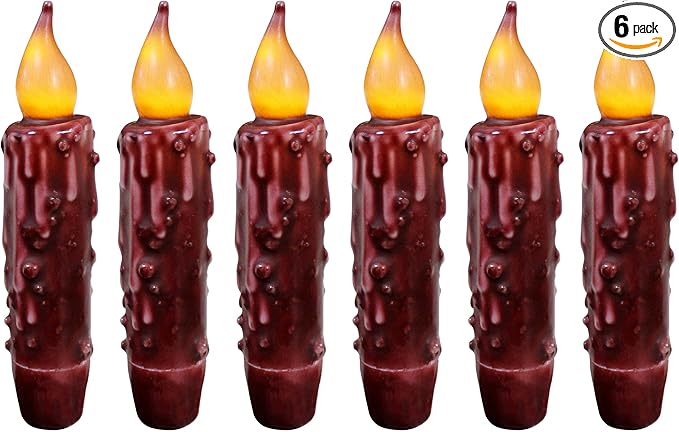 CVHOMEDECO. Real Wax Hand Dipped Battery Operated LED Timer Taper Candles Country Primitive Flameless Lights Décor, 4-3/4 Inch (Burgundy 6 PCS)