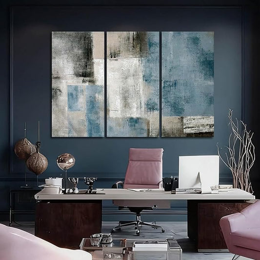 SDYA Blue Abstract Wall Art Set Of 3 Canvas,20x40 Inch Modern Blue Grey Minimalist Painting, Contemporary Wall Decor for Living Room Bedroom Office