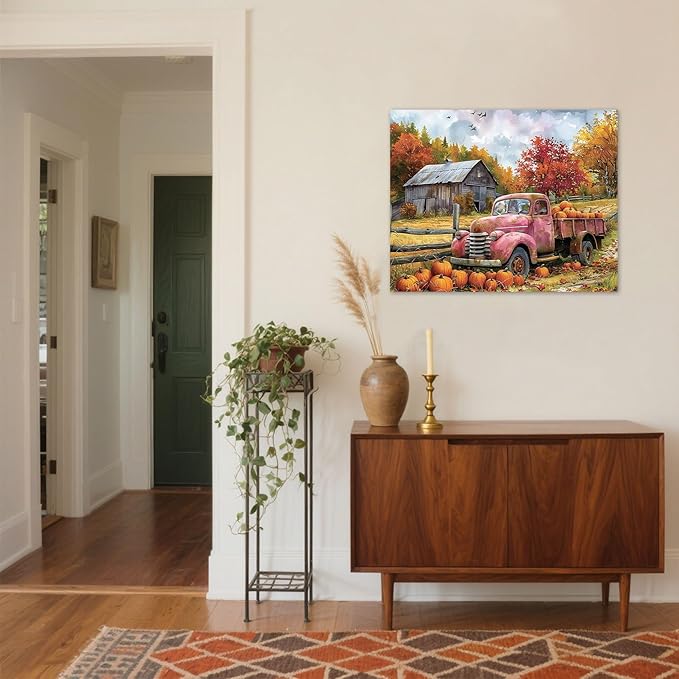 LB Fall Pumpkin Truck Wall Art Vintage Red Truck with Autumn Pumpkins in Farm Canvas Wall Art Farmhouse Harvest Wall Art Decor for Living Room Bedroom Bathroom Office Framed Ready to Hang 12L x 16W