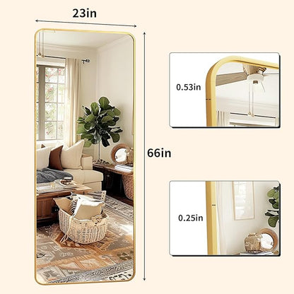 XRAMFY Full Length Mirror 23"x66", Large Floor Mirror with Rectangle Rounded Corners, Gold Aluminum Alloy Frame, Wall Mirror for Full Body
