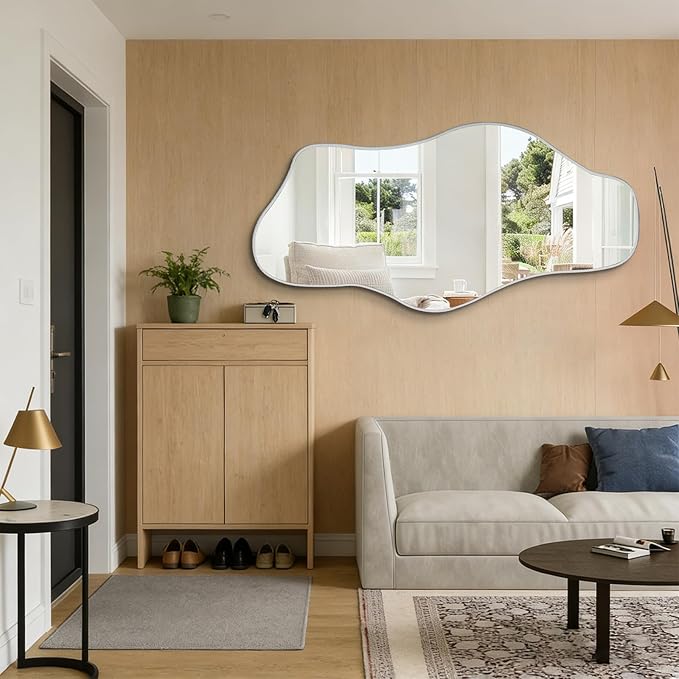 Irregular Frameless Mirror, 54.5"x24" Large Asymmetrical Tempered Glass Mirror, Modern Silver Organic Wall Mirrors for Living Room Bedroom Hallway Entryway, Horizontal or Vertical Hanging