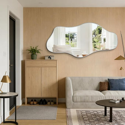 Irregular Frameless Mirror, 54.5"x24" Large Asymmetrical Tempered Glass Mirror, Modern Silver Organic Wall Mirrors for Living Room Bedroom Hallway Entryway, Horizontal or Vertical Hanging