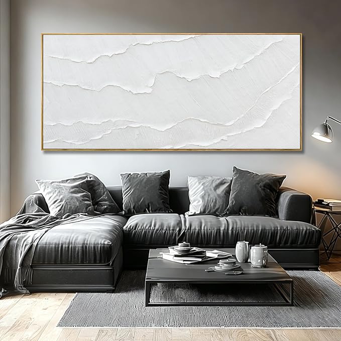 WINKAILIN White Wave Wall Art Textured Canvas Hand-drawn Minimalist Pictures Modern Oversized Painting Extra Large Artwork for Living Room Office Hallway Home Decoration 32x70 Inch