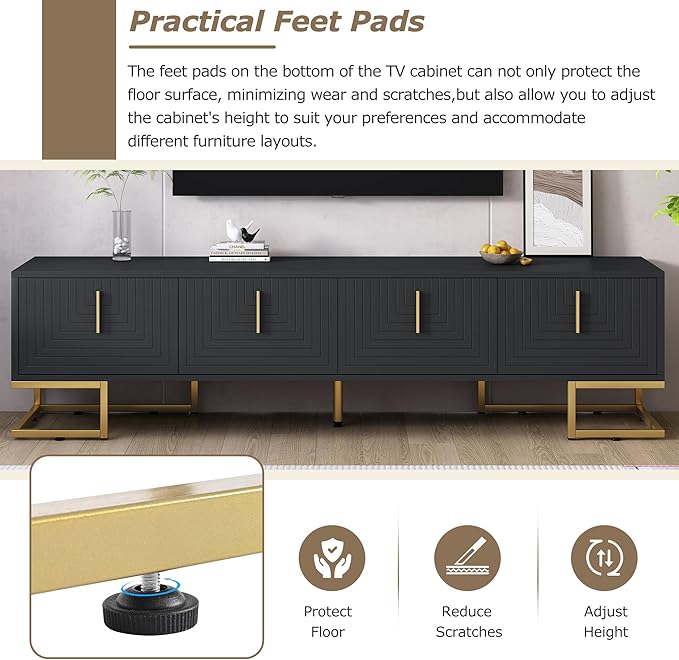 Merax Modern TV Stand with Metal Legs, Gold Handles, Geometric Lines and Adjustable Shelves for TVs Up to 80'', Media Console Table, Luxury Storage Cabinets for Living Room, Black