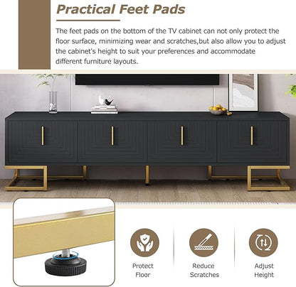 Merax Modern TV Stand with Metal Legs, Gold Handles, Geometric Lines and Adjustable Shelves for TVs Up to 80'', Media Console Table, Luxury Storage Cabinets for Living Room, Black