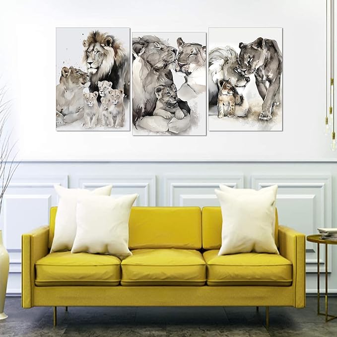 Lion Canvas Wall Art Decor 3 Pieces Wild Animal Portrait Painting Prints on Canvas Watercolor Style Lion Pictures Decor Artwork Living Room Bedroom Office Decor, Framed 20" x 28" x 3pcs