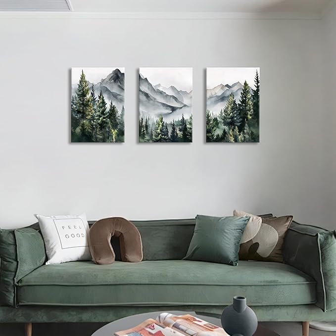 WANGTIAO 3 Panels Framed Canvas Wall Art for Living Room, Abstract Mountain Forest Views Ink Wall Decor for Dedroom Office Wall Paintings Green Landscape Art Prints Pictures Ready to Hang 20"x28"x3