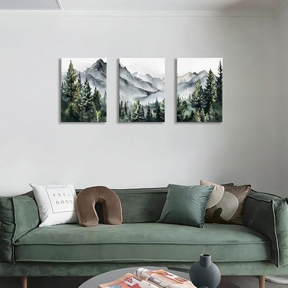 WANGTIAO 3 Panels Framed Canvas Wall Art for Living Room, Abstract Mountain Forest Views Ink Wall Decor for Dedroom Office Wall Paintings Green Landscape Art Prints Pictures Ready to Hang 20"x28"x3