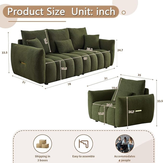 Antetek Teddy Sofa Set for Living Room, Modern Deep Seat Sofa Chair and Oversized 3-Seater Cloud Boucle Couch for Bedroom, Office, Apartment, Furniture Set, Green (2 Piece)