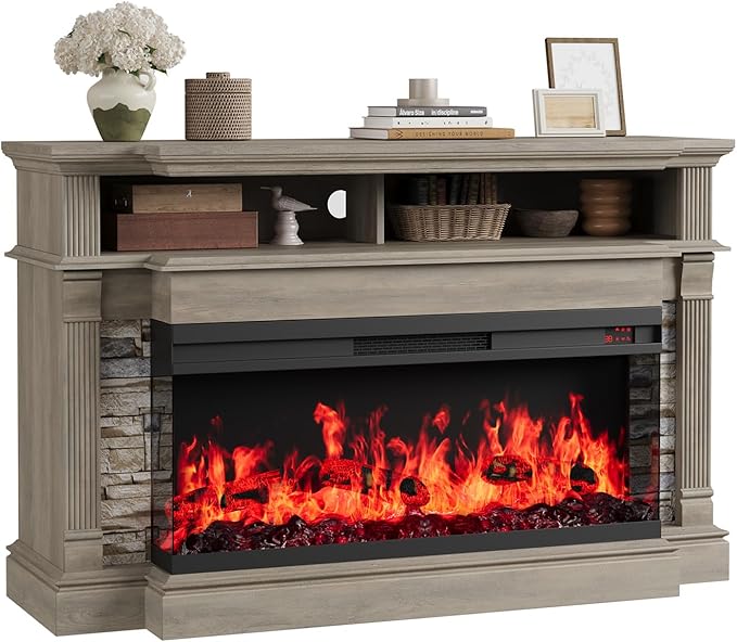QUW Fireplace TV Stand for TVs up to 65", Farmhouse 52" Fireplace Entertainment Center with 36" 3-Side Glass Electric Fireplace, TV Console with Open Storage Shelves for Living Room, Grey