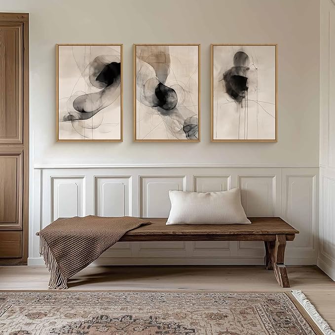 HPNIUB Beige Abstract Modern Framed Wall Art Set,Neutral Black Ink Line Wall Decor,Boho Geometric Line Art Print,Watercolor Minimalist Textured Brown Artwork for Living Room, Bedroom,Office-24 x36 x3