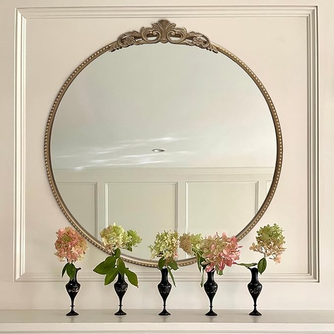 30‘’ Antique Gold Round Wall Mirror with Metal Flower Carving Frame, Small Vintage Retro Baroque Mirror Ornate, Vanity Mirror for Bathroom, Fireplace,Entryway, Living Room (round vindage gold