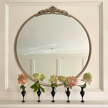 30‘’ Antique Gold Round Wall Mirror with Metal Flower Carving Frame, Small Vintage Retro Baroque Mirror Ornate, Vanity Mirror for Bathroom, Fireplace,Entryway, Living Room (round vindage gold